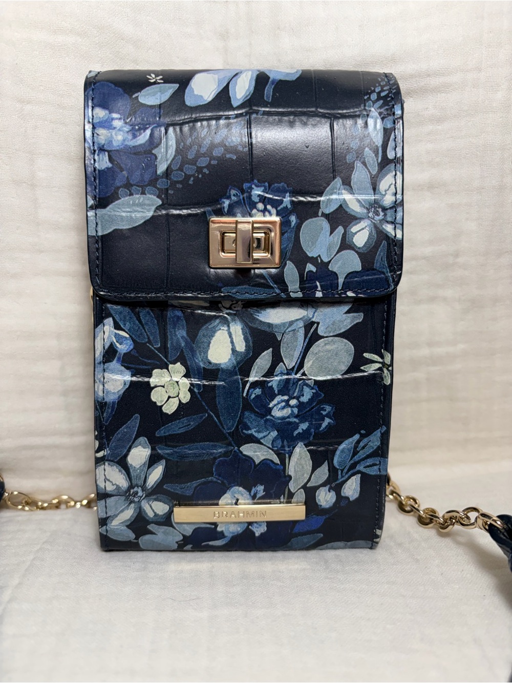 Brahmin Blue Floral Croc-Embossed Leather Crossbody Phone Bag